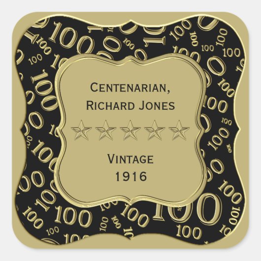 ありがとう: 100番目の数字パターン金ゴールド/ブラックブラケット スクエアシール (正面)