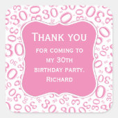 ありがとう： 30th誕生日ピンク/ホワイトナンバーパターン スクエアシール (正面)
