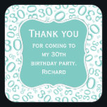 ありがとう： 30th Birthdayティール（緑がかった色）/ホワイトナンバーパターン スクエアシール<br><div class="desc">提供されたテンプレートを使用して、文字の任意のパーソナライズを容易に行う。数字デザインは、ティール（緑がかった色）とホワイトランダム番号パターンを有し、異なるサイズと角度で繰り返されるマイルストーン番号30を有する。テキストの中央にティール（緑がかった色）ブラケットの形状がある。「30歳の誕生日素晴らしパーティーに感謝す来る」ということわざのアイディアや、30歳の節目の節目のすべての行事の場祝合は30歳。</div>