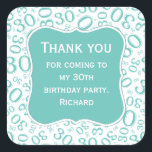 ありがとう： 30th Birthdayティール（緑がかった色）/ホワイトナンバーパターン スクエアシール<br><div class="desc">提供されたテンプレートを使用して、文字の任意のパーソナライズを容易に行う。数字デザインは、ティール（緑がかった色）とホワイトランダム番号パターンを有し、異なるサイズと角度で繰り返されるマイルストーン番号30を有する。テキストの中央にティール（緑がかった色）ブラケットの形状がある。「30歳の誕生日素晴らしパーティーに感謝す来る」ということわざのアイディアや、30歳の節目の節目のすべての行事の場祝合は30歳。</div>