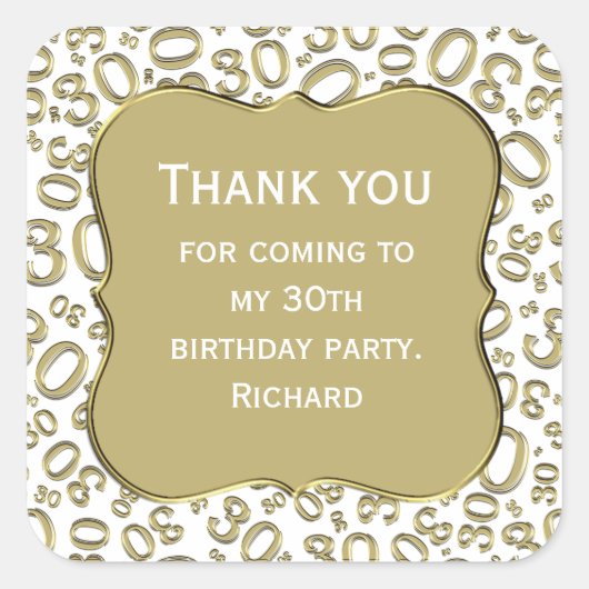 ありがとう: 30th Birthday金ゴールド/ホワイトナンバーパターン スクエアシール (正面)