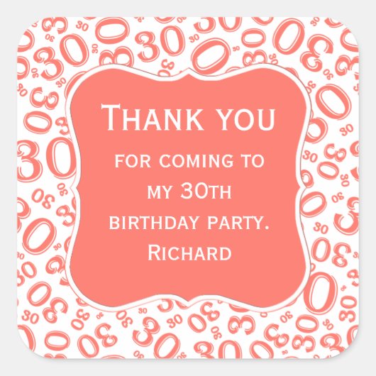 ありがとう: 30th Birthday Coral Number Pattern スクエアシール (正面)