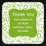 ありがとう： 30th Birthday Green Number Pattern スクエアシール<br><div class="desc">提供されたテンプレートを使用して、文字の任意のパーソナライズを容易に行う。この数値デザインは緑と白の乱数模様を有し、マイルストーン番号30は様々なサイズと角度で繰り返される。テキストの中央に緑色のブラケット形状がある。「30歳の誕生日素晴らしパーティーに感謝す来る」ということわざのアイディアや、30歳の節目の節目のすべての行事の場祝合は30歳。</div>