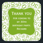 ありがとう： 30th Birthday Green Number Pattern スクエアシール<br><div class="desc">提供されたテンプレートを使用して、文字の任意のパーソナライズを容易に行う。この数値デザインは緑と白の乱数模様を有し、マイルストーン番号30は様々なサイズと角度で繰り返される。テキストの中央に緑色のブラケット形状がある。「30歳の誕生日素晴らしパーティーに感謝す来る」ということわざのアイディアや、30歳の節目の節目のすべての行事の場祝合は30歳。</div>