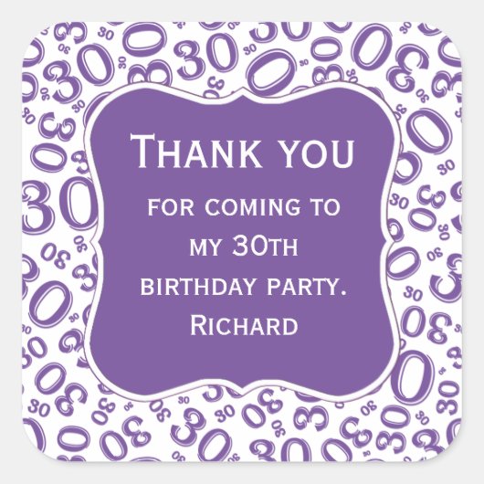 ありがとう: 30th Birthday Purple Number Pattern スクエアシール (正面)