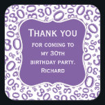 ありがとう： 30th Birthday Purple Number Pattern スクエアシール<br><div class="desc">提供されたテンプレートを使用して、文字の任意のパーソナライズを容易に行う。この数値デザインはピンクと白の乱数パターンを有し、マイルストーン番号30は様々なサイズと角度で繰り返される。テキストの中央にピンクのブラケットの形状がある。「30歳の誕生日素晴らしパーティーに感謝す来る」ということわざのアイディアや、30歳の節目の節目のすべての行事の場祝合は30歳。</div>