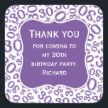 ありがとう： 30th Birthday Purple Number Pattern スクエアシール<br><div class="desc">提供されたテンプレートを使用して、文字の任意のパーソナライズを容易に行う。この数値デザインはピンクと白の乱数パターンを有し、マイルストーン番号30は様々なサイズと角度で繰り返される。テキストの中央にピンクのブラケットの形状がある。「30歳の誕生日素晴らしパーティーに感謝す来る」ということわざのアイディアや、30歳の節目の節目のすべての行事の場祝合は30歳。</div>