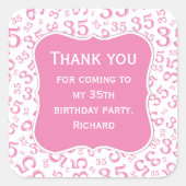 ありがとう： 35誕生日ピンク/白パターン スクエアシール (正面)