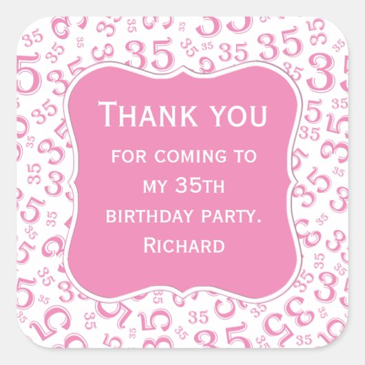 ありがとう： 35誕生日ピンク/白パターン スクエアシール (正面)