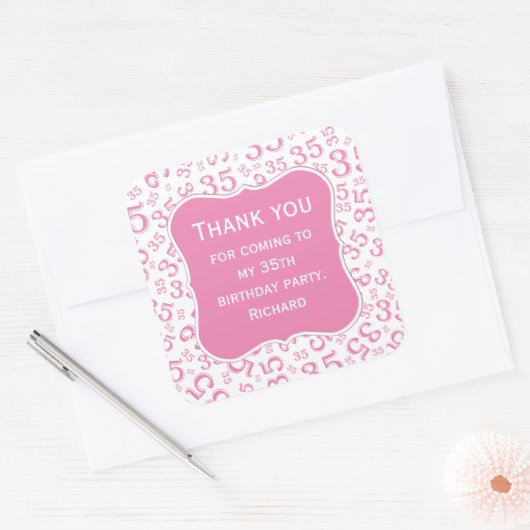 ありがとう： 35誕生日ピンク/白パターン スクエアシール (封筒)