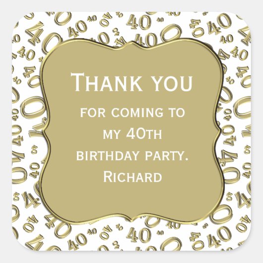 ありがとう： 40th Birthday金ゴールド/ホワイトナンバーパターン スクエアシール (正面)