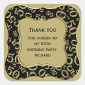 ありがとう: 50番目の数字パターン金ゴールド/ブラックブラケット スクエアシール (正面)