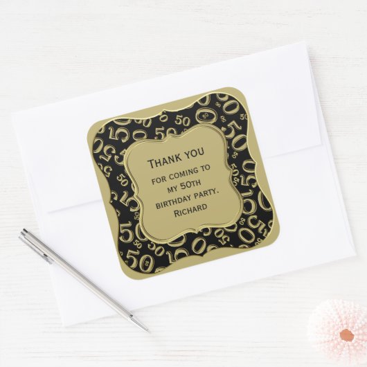 ありがとう: 50番目の数字パターン金ゴールド/ブラックブラケット スクエアシール (封筒)