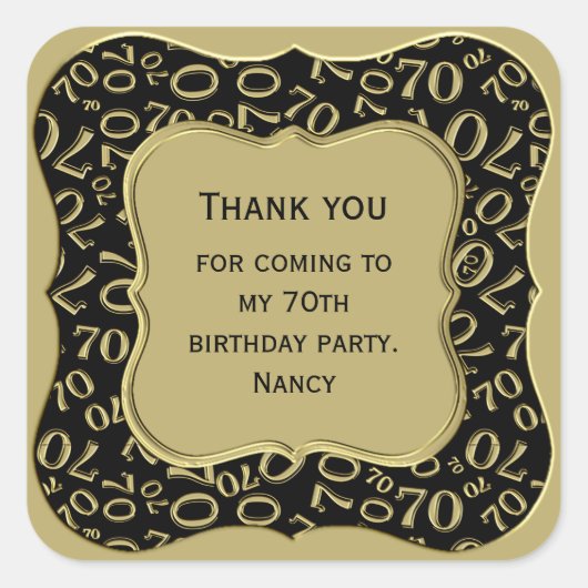 ありがとう – 70誕生日ブラックと金ゴールドパーティー スクエアシール (正面)