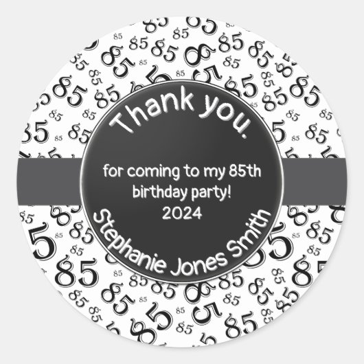 ありがとう: 85誕生日白黒ナンバーパターン ラウンドシール (正面)