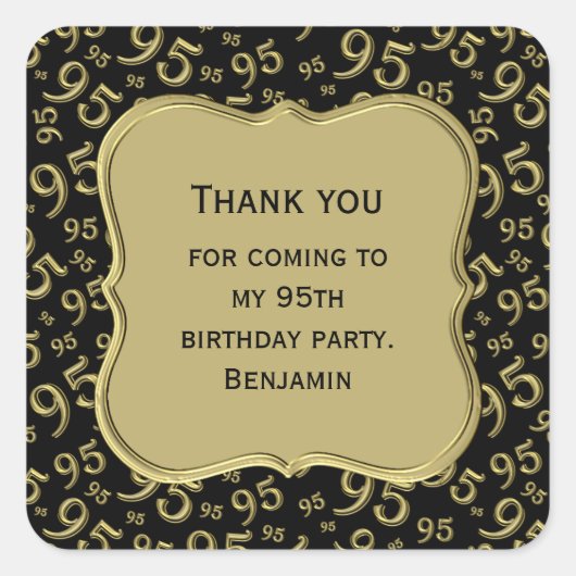 ありがとう: 95タイポグラフィ番号パターン金ゴールド/黒 スクエアシール (正面)