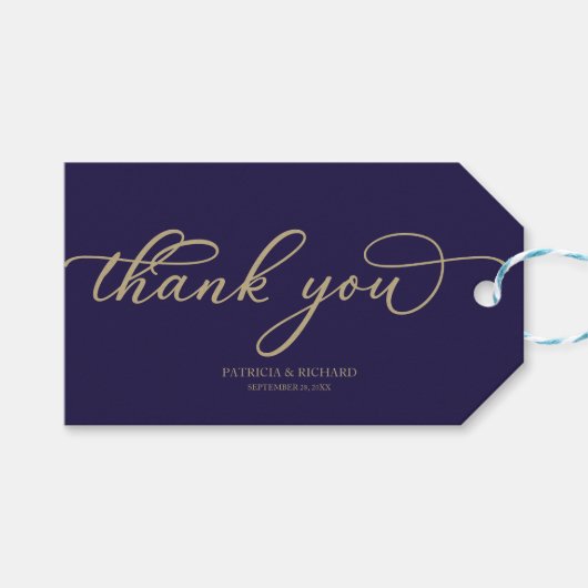 ありがとう – Chic金ゴールドスクリプトNavy 結婚 Blue's ギフトタグ (正面(横))