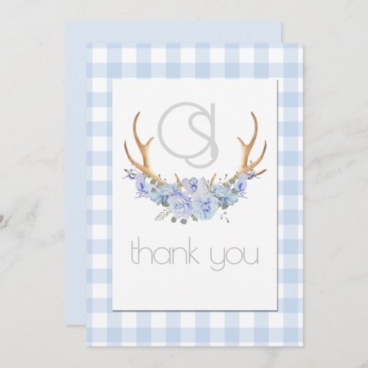 ありがとう – Monogram Blue GinghamフローラBOHO サンキューカード (正面/裏面)