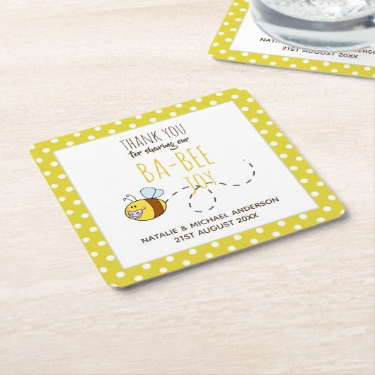 ありがとうBA-BEE赤ちゃんシャワーイエロー水玉模様 スクエアペーパーコースター (アングル)