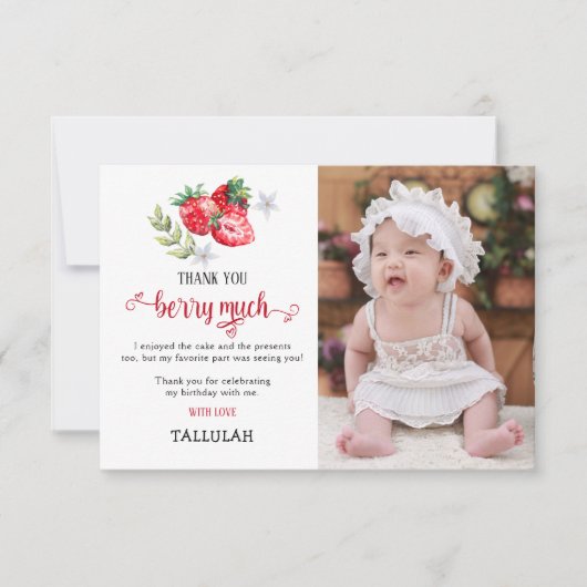 ありがとう'Berry Much'ストロベリー誕生日写真 サンキューカード (正面)