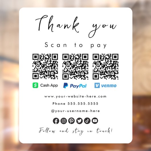 ありがとうPaypal Venmo現金アプリQrコードホワイト ウィンドウサイン (シート2)