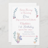 あるうさぎは1歳のお誕生日招待状、うさぎの1歳パーティー、1歳 招待状 (正面/裏面)