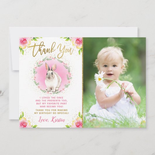 あるウサギのピンクの花柄ゴールドグリッター写真の誕生日 サンキューカード (正面)