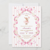 あるウサギは１歳　ピンクの蝶リボン ギンガム 誕生日 招待状 (正面)