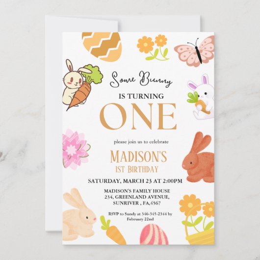 あるバニーがバニーの1歳の誕生日パーティーを飾る 招待状 (正面)