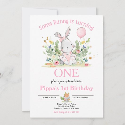 あるバニーがバニーの1歳の誕生日パーティーを飾る 招待状 (正面)