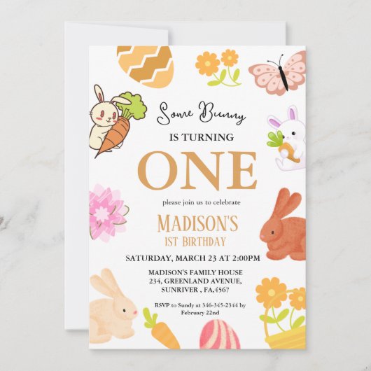 あるバニーがバニーの1歳の誕生日パーティーを飾る 招待状 (正面)
