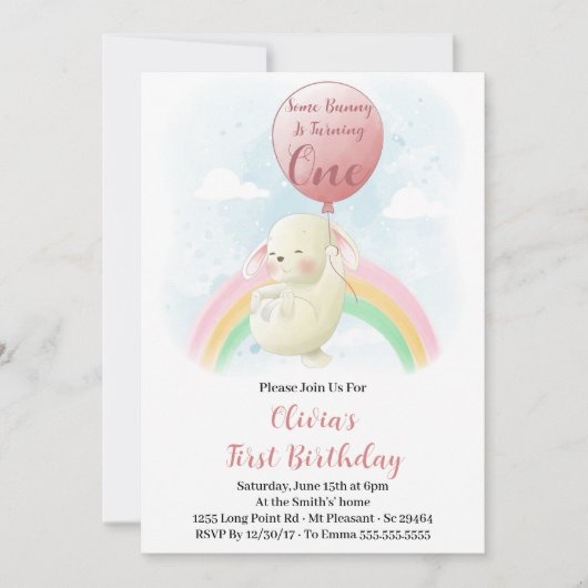 あるバニーがバニー1歳の誕生日を飾る 招待状 (正面)