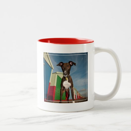 あるビーチ小屋の前に立っているラーチャー ツートーンマグカップ (右)