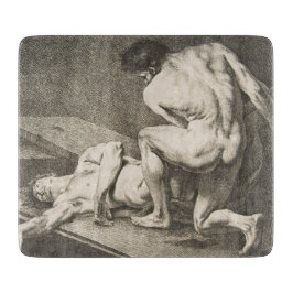 ある男が別の男の脚を持ち上げる カッティングボード