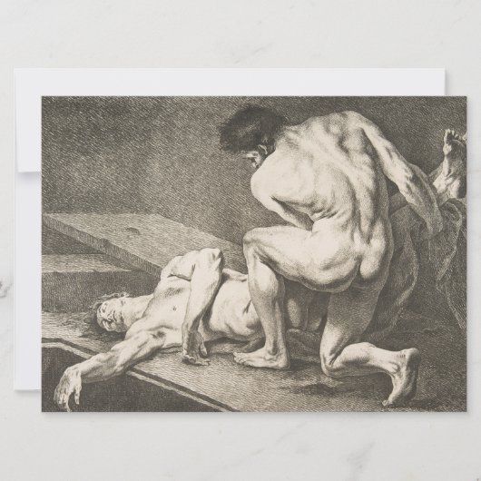 ある男が別の男の脚を持ち上げる カード (正面)