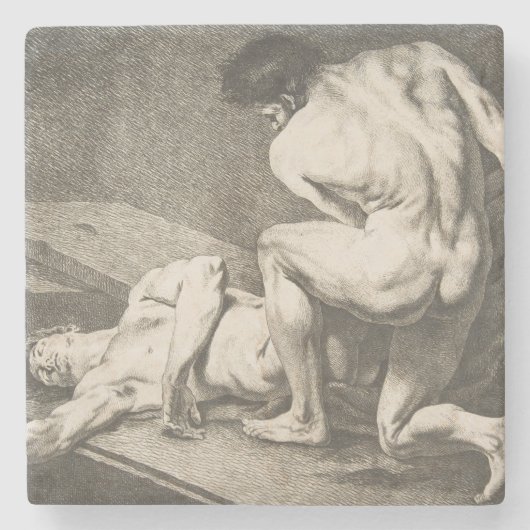 ある男が別の男の脚を持ち上げる ストーンコースター (正面)