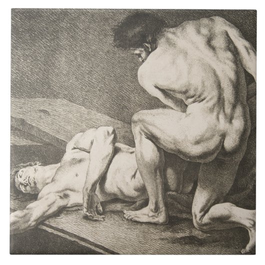 ある男が別の男の脚を持ち上げる タイル (正面)