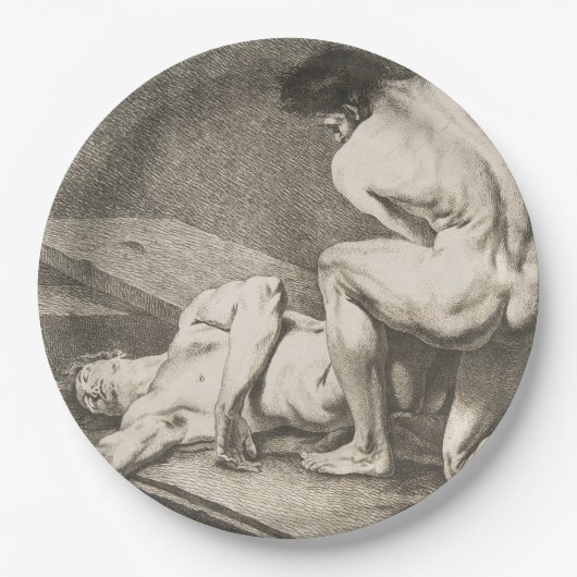 ある男が別の男の脚を持ち上げる ペーパープレート (正面)