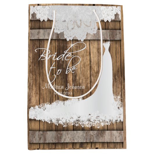 ある花嫁-素朴な木および白いレースは設計します ミディアムペーパーバッグ (正面)