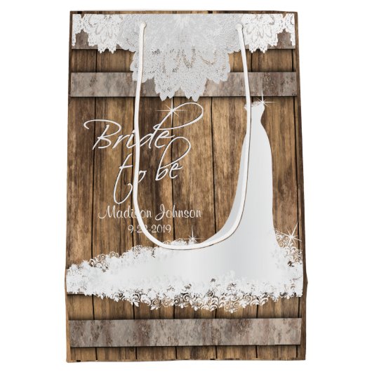 ある花嫁-素朴な木および白いレースは設計します ミディアムペーパーバッグ (裏面)