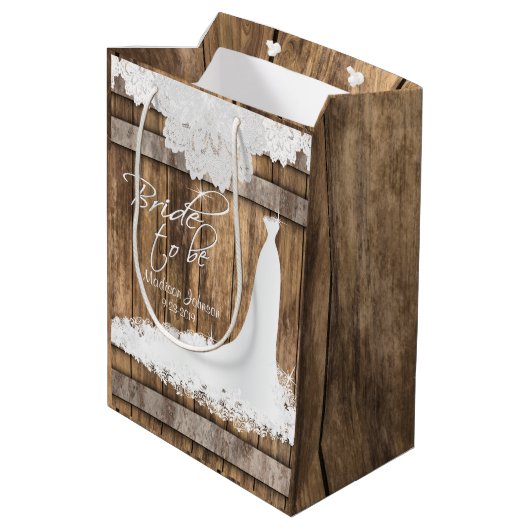 ある花嫁-素朴な木および白いレースは設計します ミディアムペーパーバッグ (裏面アングル)