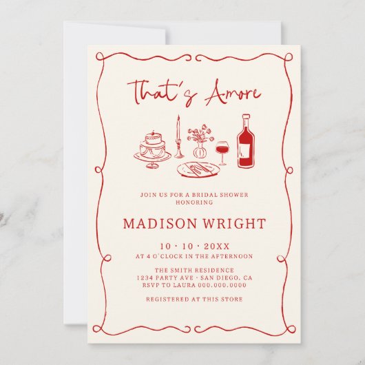 あれはアモーレイタリアンレッドハンドドローブライダルシャワー 招待状 (正面)