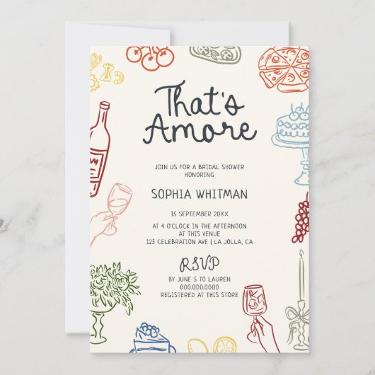 あれはアモーレカラフル図解入りの、写真付きのブライダルシャワー 招待状 (正面)