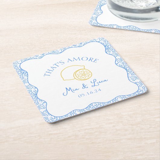 あれはアモーレモンブルータイルパーソナライズされた結婚の スクエアペーパーコースター (アングル)