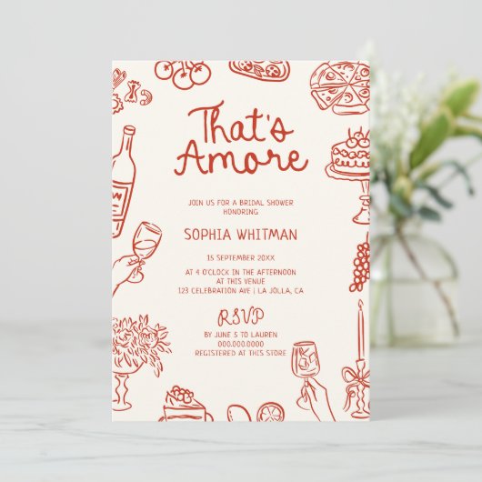 あれはアモーレレッド図解入りの、写真付きのブライダルシャワー 招待状 (スタンド正面)