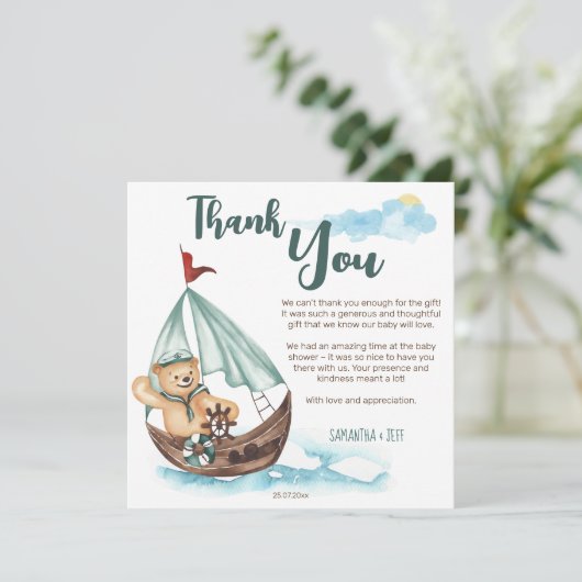 あーそれは男の子テディベア航海のベビーシャワーだ サンキューカード (スタンド正面)