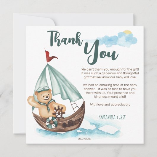 あーそれは男の子テディベア航海のベビーシャワーだ サンキューカード (正面)