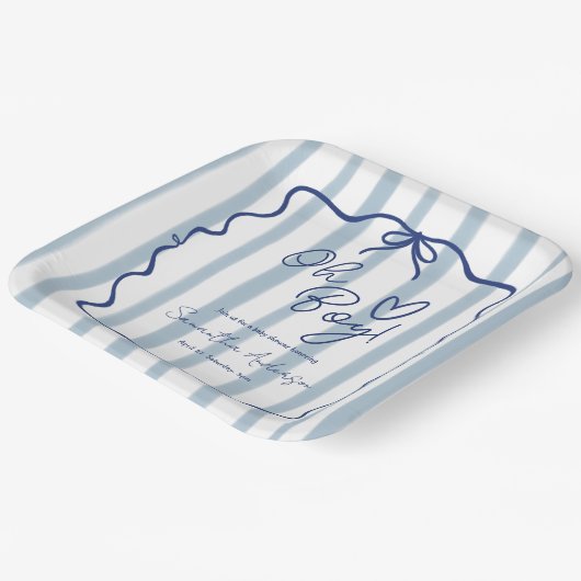 あー男の子かわいいお洒落青いストライプ赤ちゃんシャワー ペーパープレート (傾斜あり)