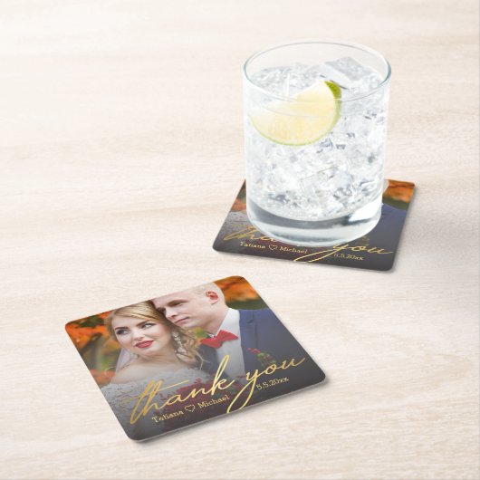 あ感謝していあ、金ゴールド手書きの結婚式の日写真 スクエアペーパーコースター (インサイチュ)