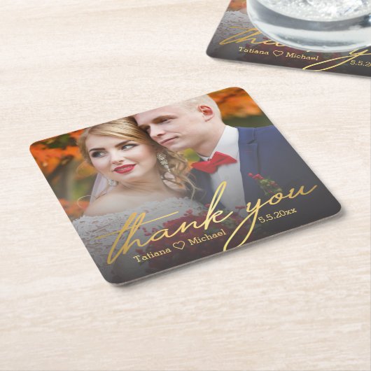 あ感謝していあ、金ゴールド手書きの結婚式の日写真 スクエアペーパーコースター (アングル)